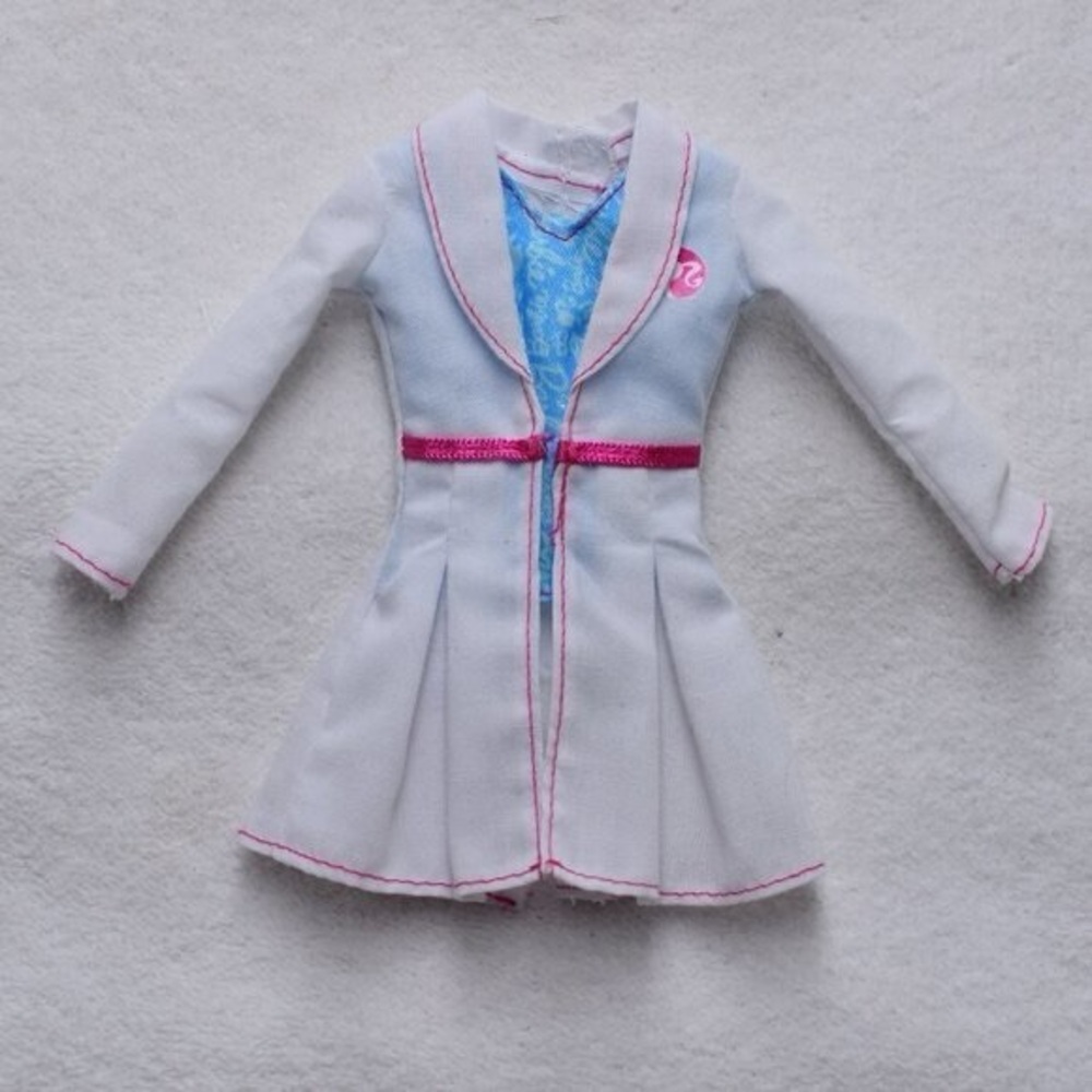 Vintage Barbie Doll White Lab Coat Pink Trim Stitching and Blue Insert Top Attd